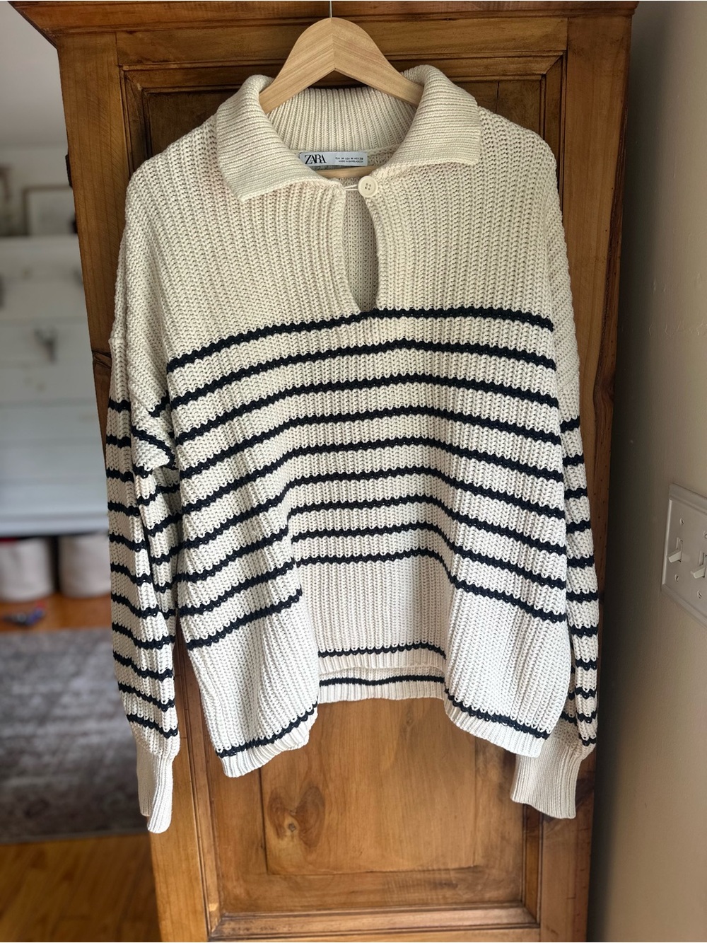 Zara Cream & Navy Striped Collared Knit Sweater